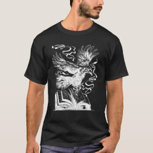 Camiseta corvo corvo com livros, tatuagem de gótico Mistéri