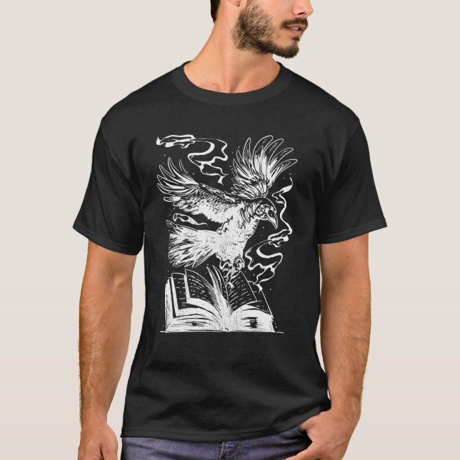 Camiseta corvo corvo com livros, tatuagem de gótico Mistéri (Frente)