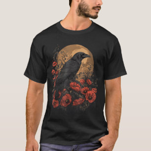 Camiseta Corvo Rosa Lua Assustador Preto Gótico Espiritual