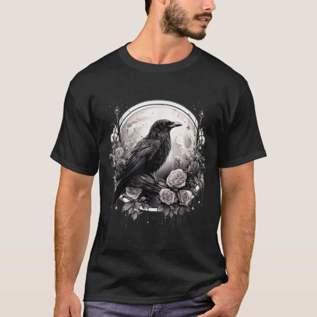 Camiseta Corvo Rosa Lua Assustador Preto Gótico Espiritual  (Frente)