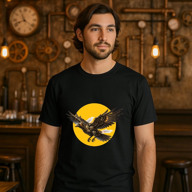 Camiseta Corvo Voador Mecânico Steampunk sobre Lua Cheia (Criador carregado)