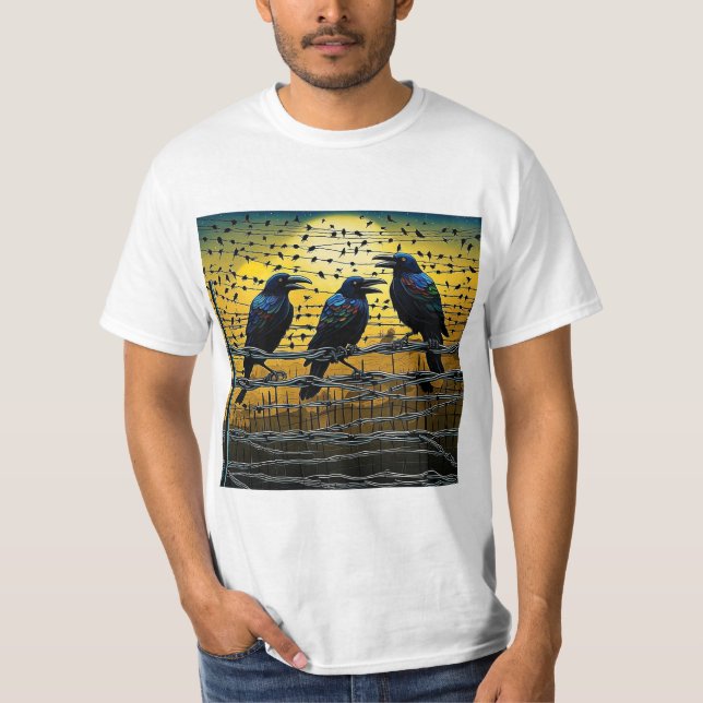 Camiseta Corvos na cerca barrada 5 (Frente)
