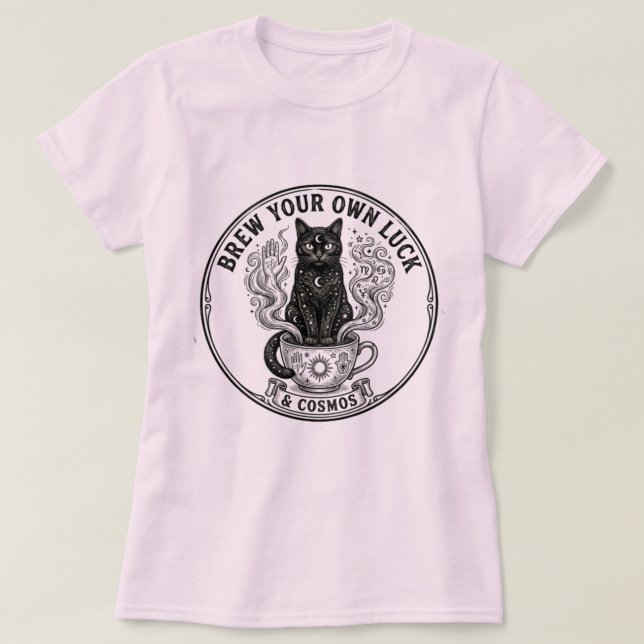 Camiseta Cosmic Cat Coffee - Mystical Brew Your Own Luck (Frente do Design)