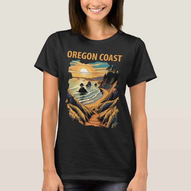 Camiseta Costa de Oregon Pôr do Sol Retro Viagem (Frente)
