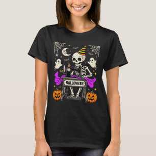 Camiseta Costura de Halloween Esqueleto Fantasma Assustador