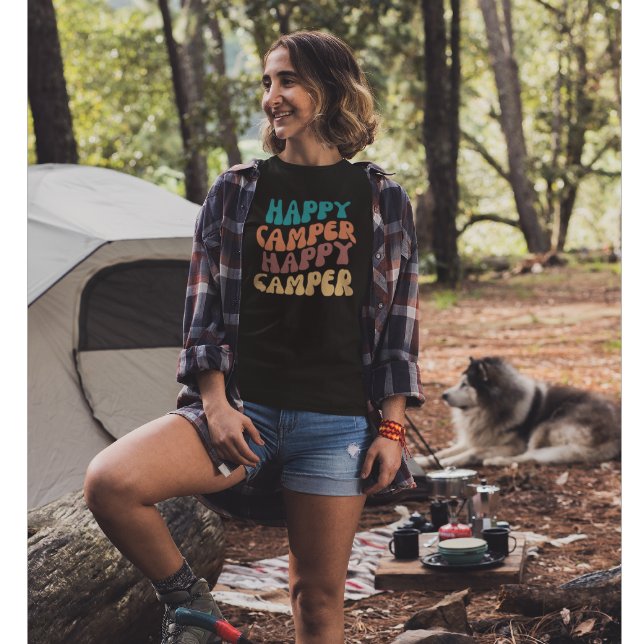 Camiseta Cota de Camper Feliz com Texto Colorido Retroativo (Criador carregado)