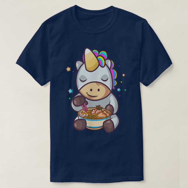 Camiseta Cotovelo-cotovelo Unicórnio Comendo Ramen Noodles  (Frente do Design)