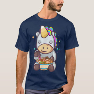 Camiseta Cotovelo-cotovelo Unicórnio Comendo Ramen Noodles