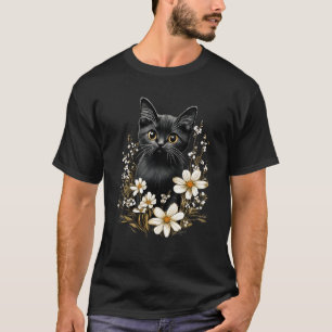 Camiseta Cottagecore Black Cat Lover Flowers Mulheres Menin