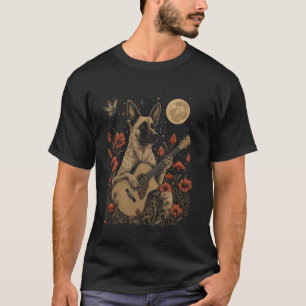 Camiseta Cottagecore Cão Malinois Belga Tocando Guitarra