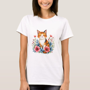 Camiseta Cottagecore Floral Cat Serene Felina Botânica