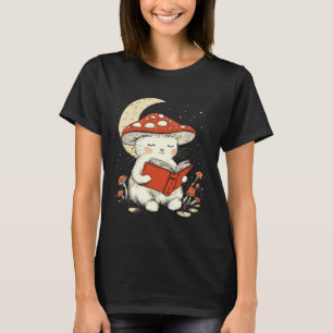 Camiseta Cottagecore Fofo Cogumelo Gatinho Lendo um Livro