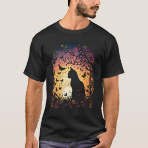 Camiseta Cottagecore Gato Pôr do Sol Borboletas Flores Jard