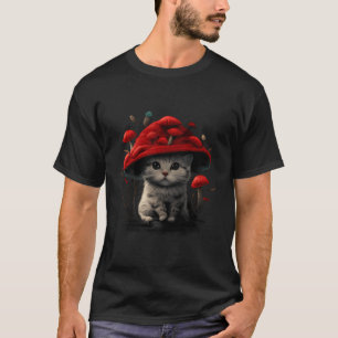 Camiseta Cottagecore Gatos Aestéticos Gato Cogumelo Vermelh
