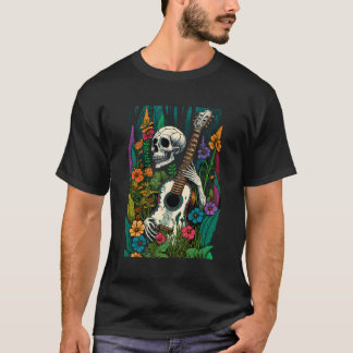 Camiseta Cottagecore Wildflower Skeleton Tocando Violão