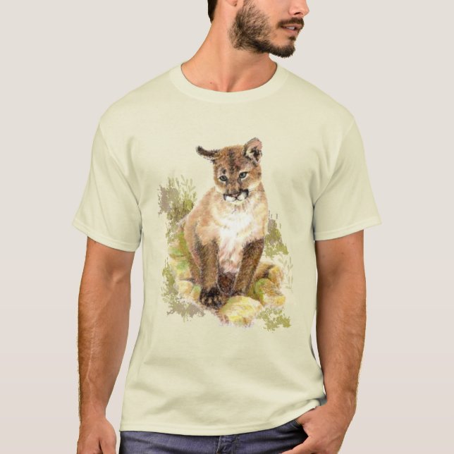 Camiseta Cougar Cachorro Montanha Leão Gato Kitten Aquarela (Frente)