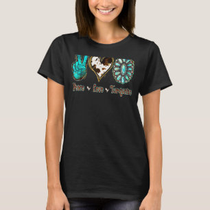Camiseta Country Cowhide Peace Love Turquoise Rodeo Cowgirl