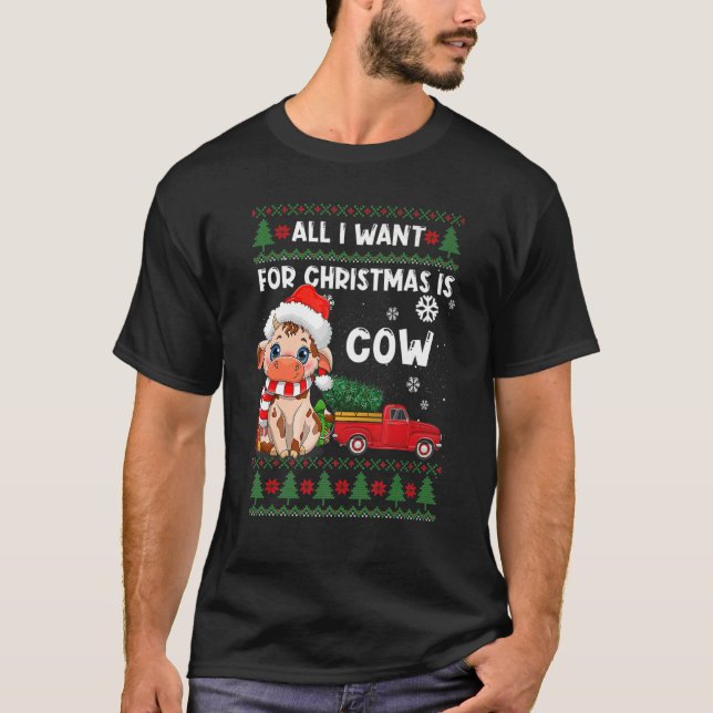 Camiseta Cow  Cute Cow Santa Hat Ugly Christmas Sweater (Frente)