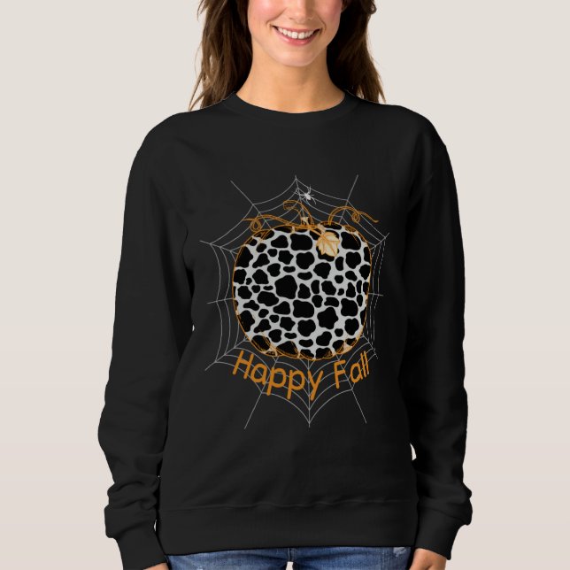 Camiseta Cow Print Pattern Pumpkin Spider Halloween Happy F (Frente)