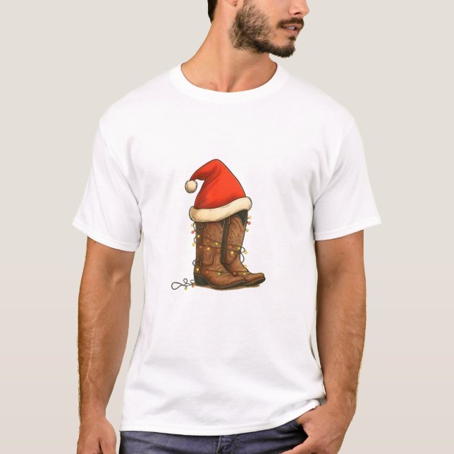 Camiseta Cowboy Boots Natal Western Santa Hat (Frente)