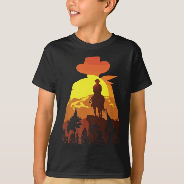 Camiseta Cowboy excelente escalando pássaro oeste (Frente)