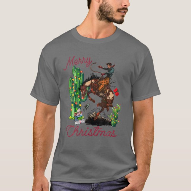Camiseta Cowboy Feliz Deserto de Natal Cactus Lasso Ocident (Frente)