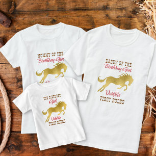Camiseta Cowgirl first rodeo gold horse birthday matching