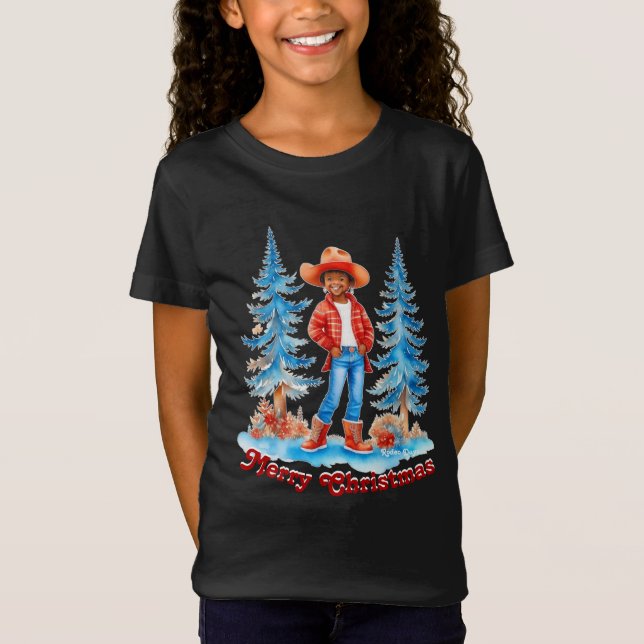 Camiseta Cowgirl Negra Cena de inverno Feliz Natal (Frente)