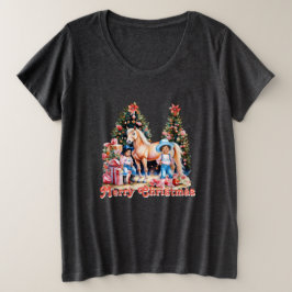 Camiseta Cowgirl Negra Horse de inverno Feliz Natal