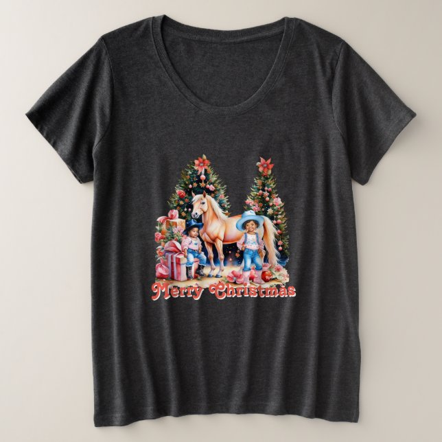 Camiseta Cowgirl Negra Horse de inverno Feliz Natal (Frente do Design)