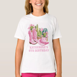Camiseta Cowgirl Ocidental rosa Cactus Watercolor Aniversár