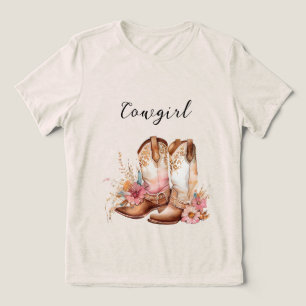 Camiseta Cowgirl Pink Cream Brown Cowhide Floral Boots