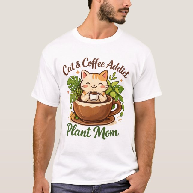 Camiseta Cozy Cat Coffee and Plants Artwork (Frente)