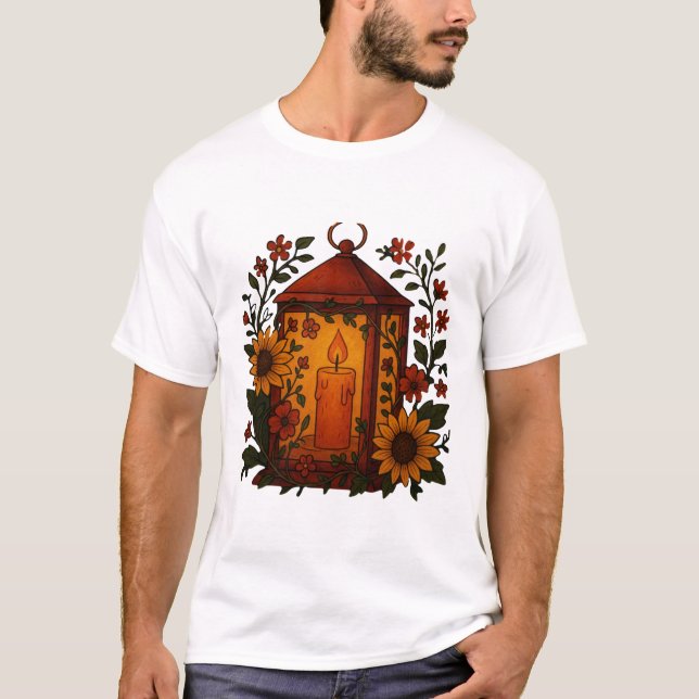Camiseta Cozy Lantern with Sunflowers Art (Frente)