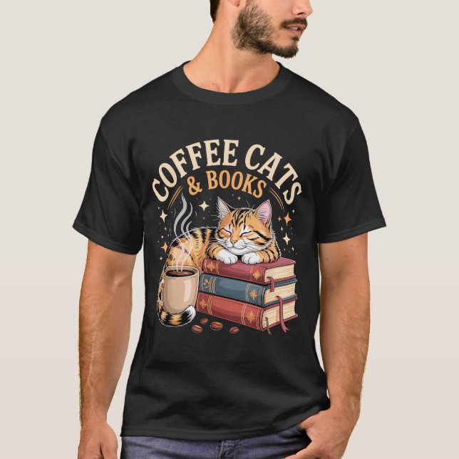 Camiseta Cozy Reading Cat Coffee And Books Lover Artwork  (Frente)