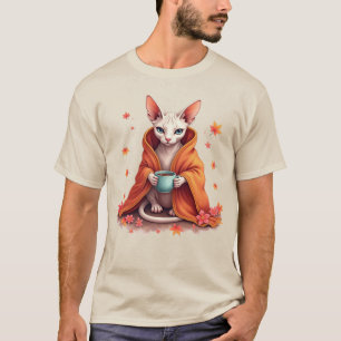 Camiseta Cozy Sphynx Cat embrulhada em cobertor com café -