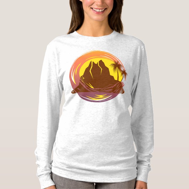 Camiseta Crachá com paisagem vulcânica tropical e palmeiras (Frente)