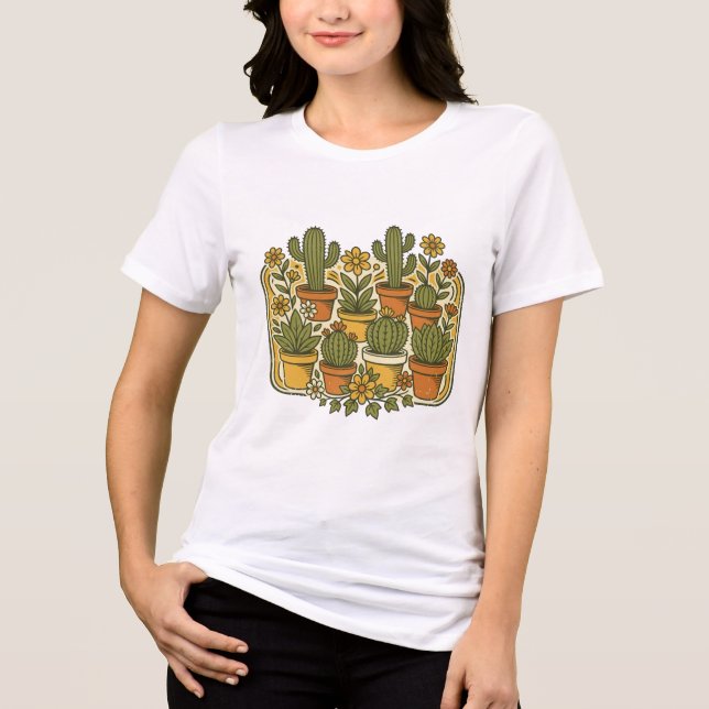 Camiseta Crachá Retro dos Anos 70 com Cacto e Flores em Vas (Frente)