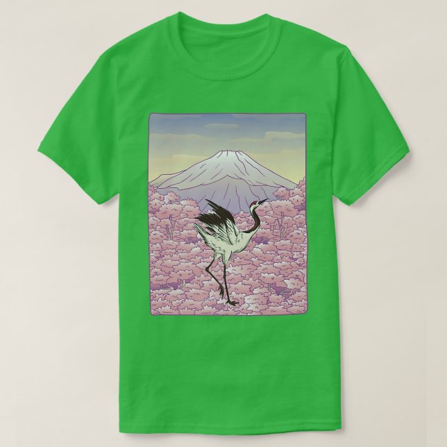 Camiseta Crane Bird Japonês Sakura Árvore Cereja Flor Flo (Frente do Design)