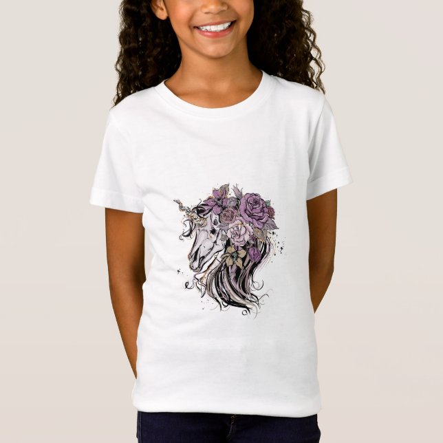 Camiseta Crânio Adorável de Unicórnio e Flores Boho (Frente)