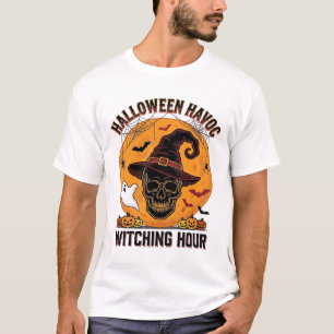 Camiseta Crânio Assustador Lua Vintage Halloween Bruxa Chap