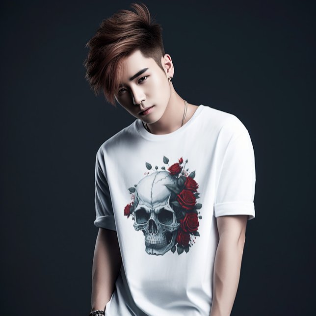 Camiseta Crânio Azul Floral Negro, Na moda Vermelho, Modern (Criador carregado)