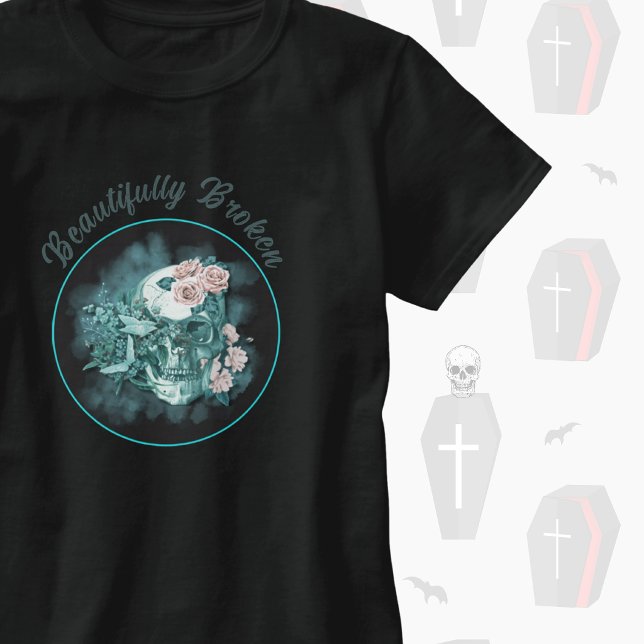 Camiseta Cranio Azul Turquesa Maravilhosamente Quebrado Com (Beautifully Broken Dark Aesthetic T-shirt)