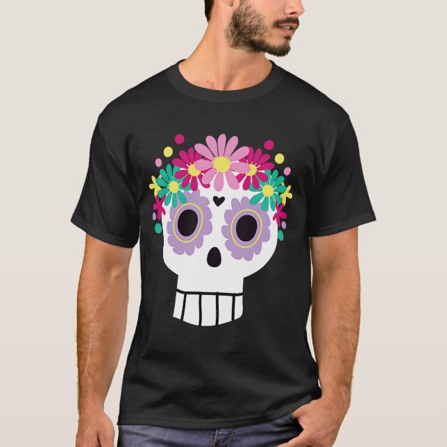 Camiseta Crânio bonito com flores Dia de Férias do México (Frente)