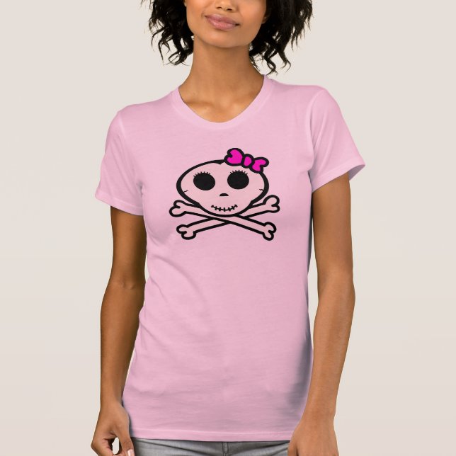 Camiseta Crânio bonito e Crossbones com arco cor-de-rosa (Frente)