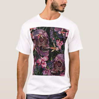 Camiseta Crânio bordado: Padrão Orquídeo Gótico