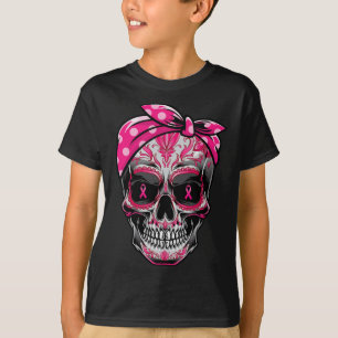 Camiseta Crânio Cancer Mama Sensibilização Friso Rosa Friso