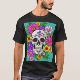 Camiseta crânio colorido com flores