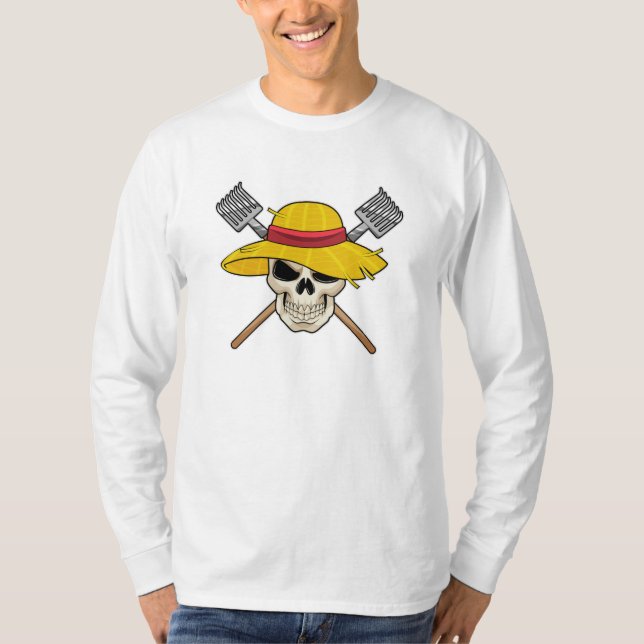 Camiseta Crânio com chapéu como agricultor com Rake (Frente)