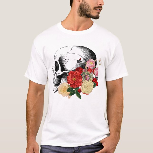 Camiseta Crânio com flores coloridas. (Frente)